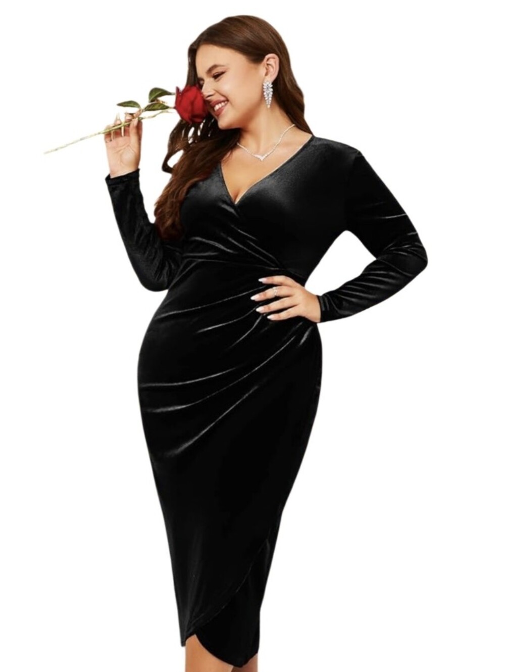 #A70 Black Velvet Wrap Midi Dress - Women's Elegant V-Neck